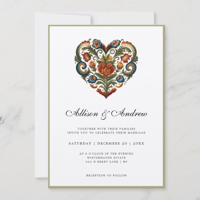 Invitación Corazón Rosemaling noruego | BODA (Anverso)