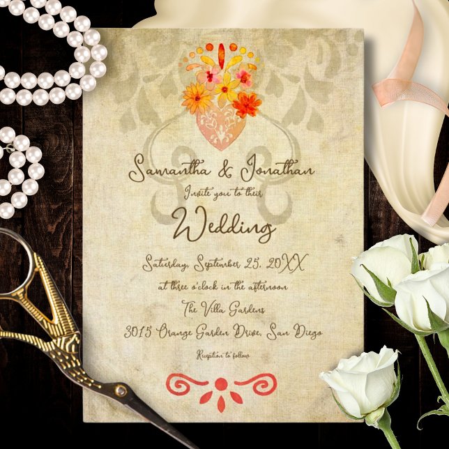 Invitación Corazón Sagrado Barroco Vintage Boda Mexicana (Rustic Baroque Mexican design with a sacred heart and floral motif in warm terracotta tones.)