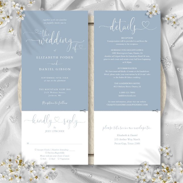 Invitación Corazón Script Dusty Blue Todo En Un Boda (Heart Script Dusty Blue All In One Wedding Invitation)