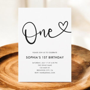Invitación Corazón Script Foto 1er Cumpleaños