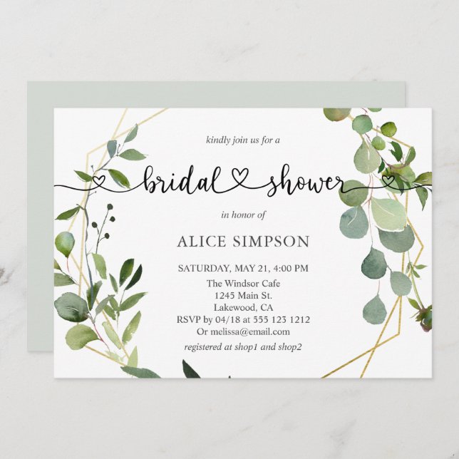 Invitación Corazón Script Greenery Eucalyptus Bridal Shower (Anverso / Reverso)