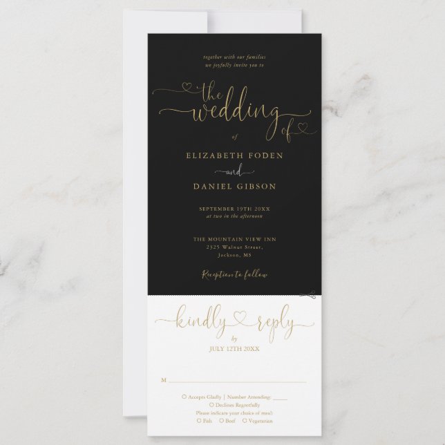 Invitación Corazón Script Negro y Dorado Todo en Uno Boda (Anverso)