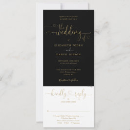 Invitación Corazón Script Negro y Dorado Todo en Uno Boda