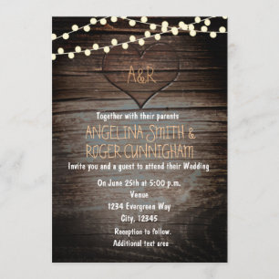 Invitación Corazón tallado en madera y Boda de luces de caden