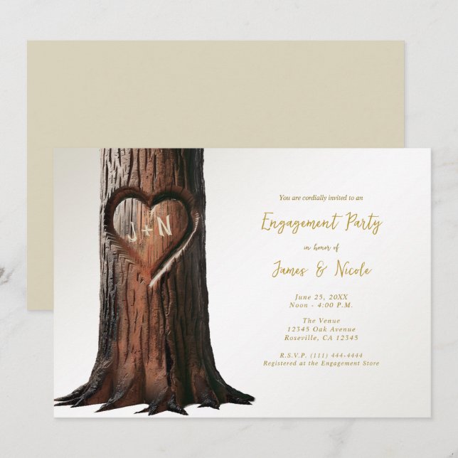 Invitación Corazón tallado en tocón de árbol rústico compromi (Anverso / Reverso)