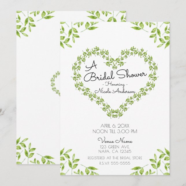 Invitación Corazón Verde Deja Bridal Shower Shabby Chic (Anverso / Reverso)
