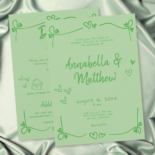 Invitación Corazón Verde Dibujado a Mano Caprichoso Boda Mode