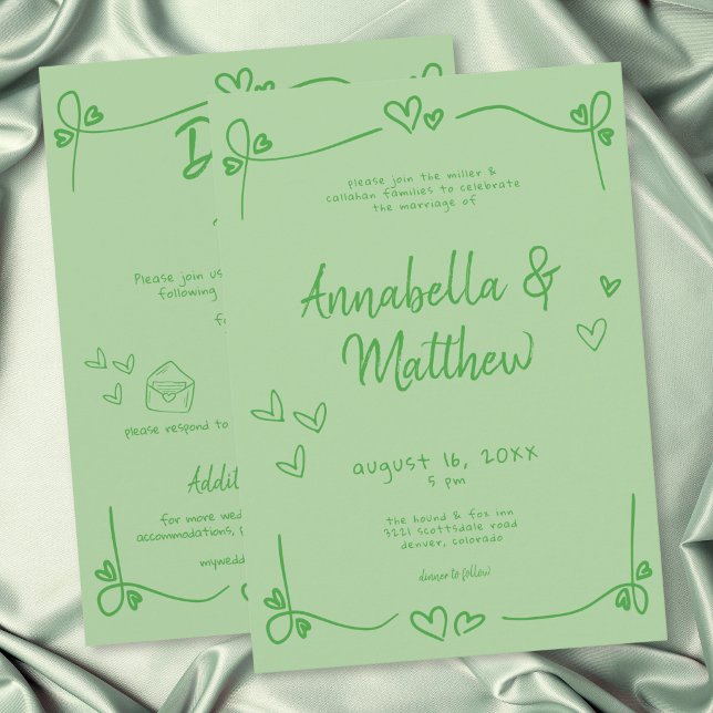 Invitación Corazón Verde Dibujado a Mano Caprichoso Boda Mode (Green Hand Drawn Heart Whimsical Modern Wedding Invitation)