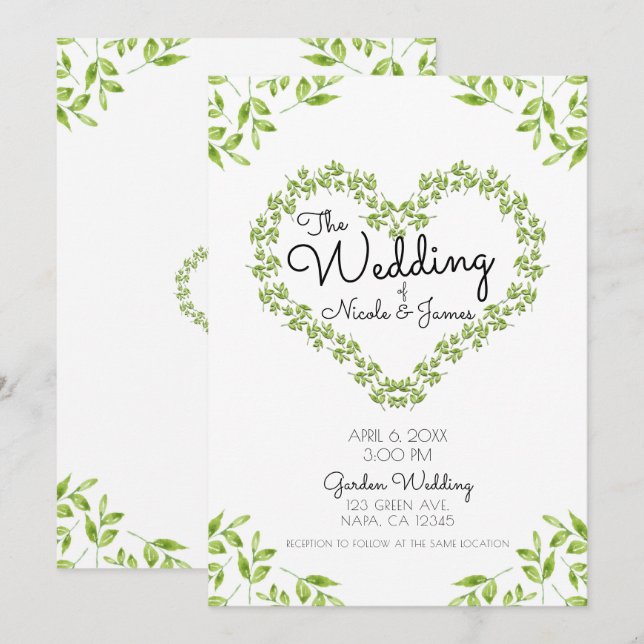 Invitación Corazón Verde Hojas Verde Chic Deslucido Boda (Anverso / Reverso)