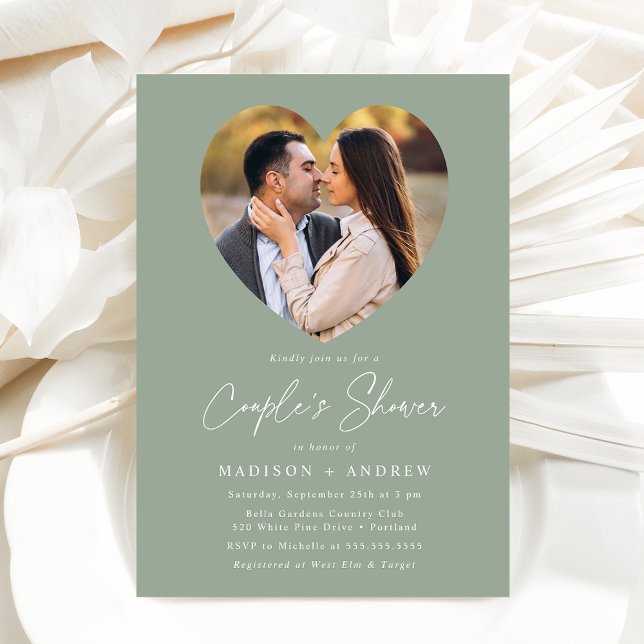 Invitación Corazón verde sabio moderno foto ducha de pareja (Subido por el creador)