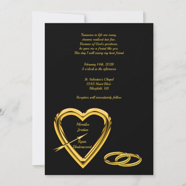 Invitación Corazón y anillos en oro sobre boda moderna en neg (Anverso)