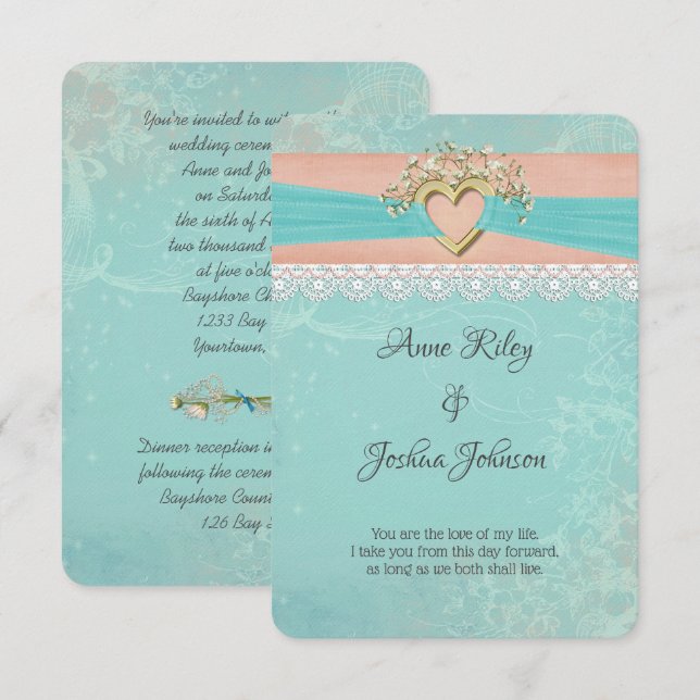Invitación Corazón y cinta romántica Boda (Anverso / Reverso)