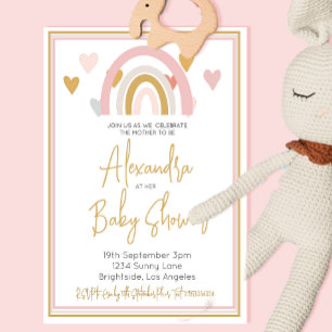 Invitación Corazones arco iris de Baby Shower rosados