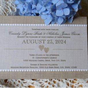 Invitación Corazones atesorados y Boda Burlap