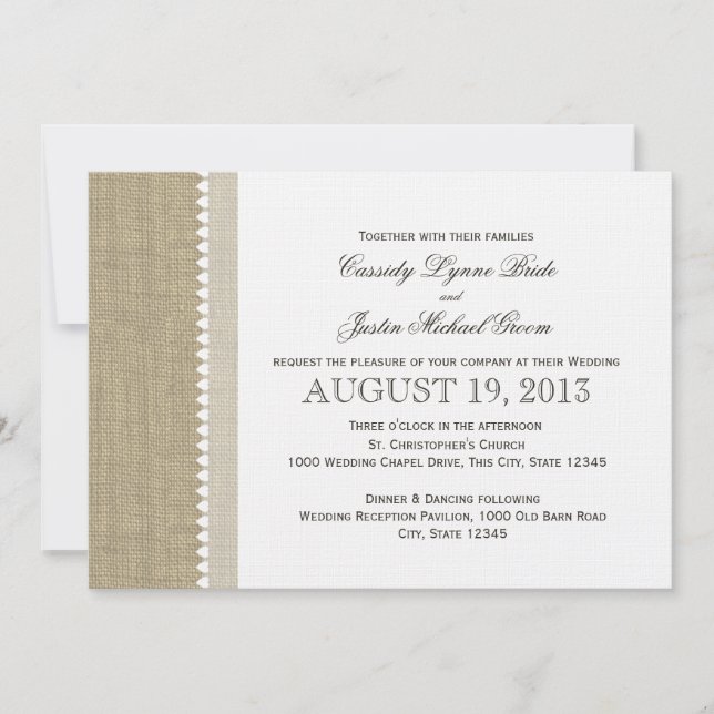 Invitación Corazones atesorados y Boda Burlap (Anverso)