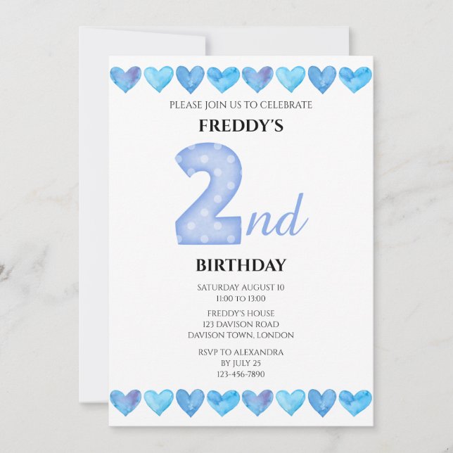 Invitación Corazones Azules de Amor 2do Cumpleaños Foto (Anverso)