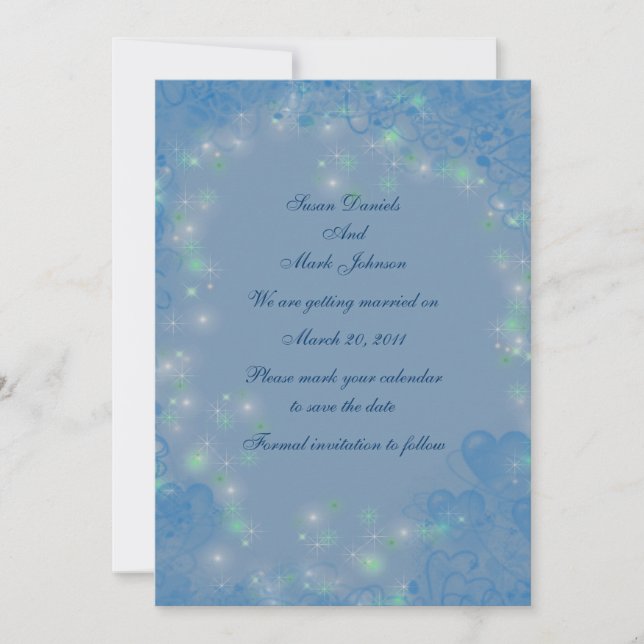 Invitación Corazones Azules Luces Brillantes Boda Salva La Fe (Anverso)