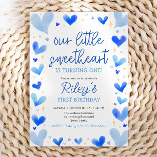 Invitación Corazones Azules Nuestro Pequeño Cumpleaños Querid