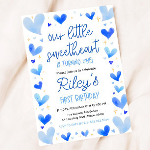 Invitación Corazones Azules Primer cumpleaños nuestro pequeño