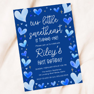 Invitación Corazones Azules Primer cumpleaños nuestro pequeño
