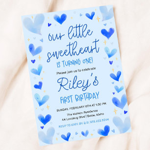 Invitación Corazones Azules Primer cumpleaños nuestro pequeño