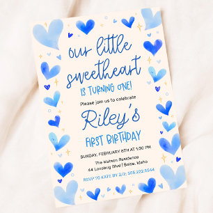 Invitación Corazones Azules Primer cumpleaños nuestro pequeño
