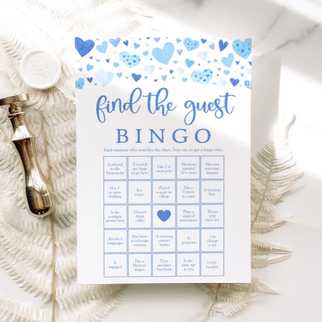 Invitación Corazones azules San Valentín encuentra juego de b (Watercolor Cute Blue Hearts Valentine Sweetheart February Boy Find the Guest Bingo Baby Shower Game)