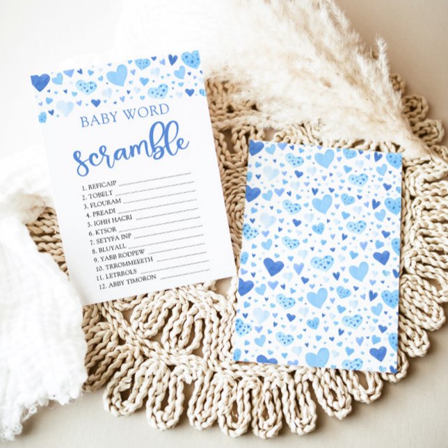 Invitación Corazones azules San Valentín juego de palabras pa (Watercolor Cute Blue Hearts Valentine Sweetheart February Boy Baby Word Scramble Baby Shower Game)