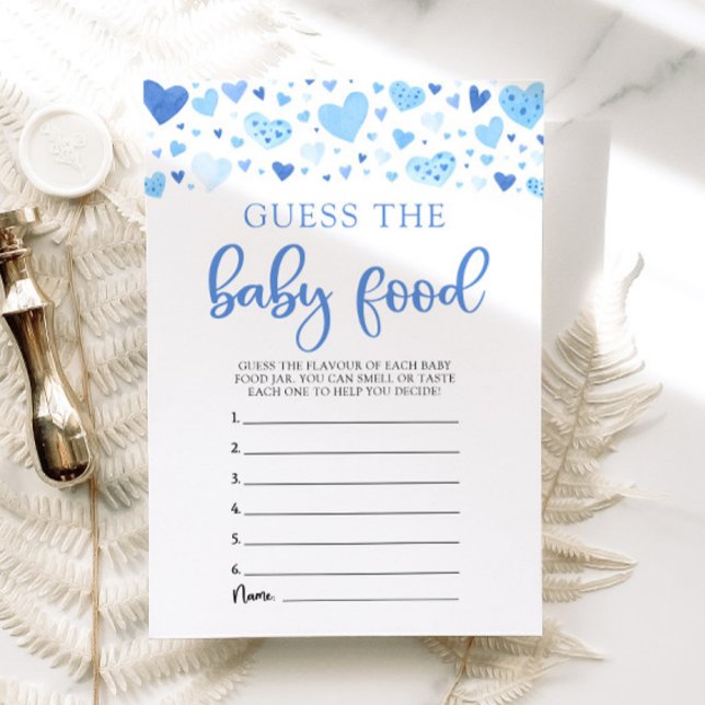 Invitación Corazones azules Valentine adivina el juego de la  (Watercolor Cute Blue Hearts Valentine Sweetheart February Boy Guess the Baby Food Baby Shower Game )