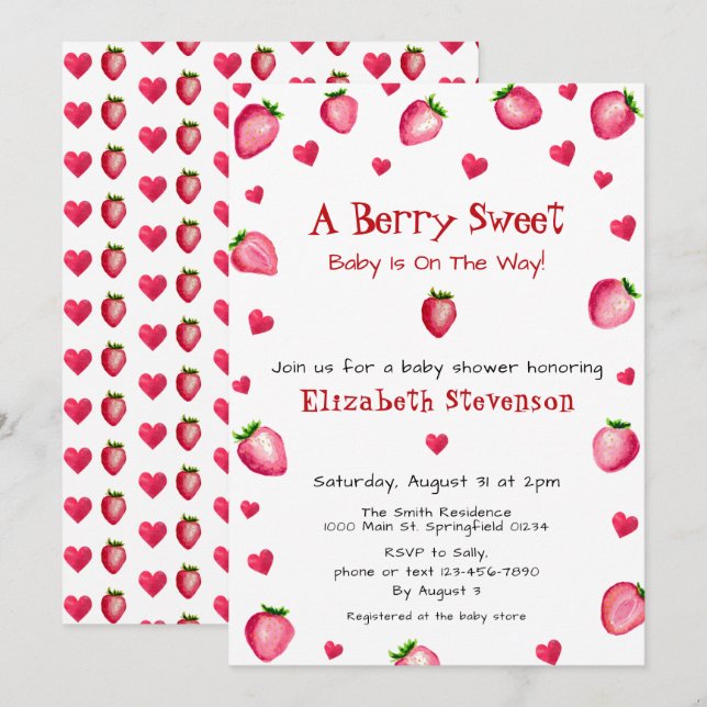 Invitación Corazones Berry Sweet Strawberry Unisex Baby Showe (Anverso / Reverso)