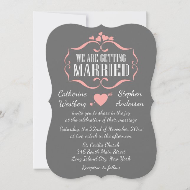 Invitación Corazones Boda Rosa Y Gris Cortos - Gris (Anverso)
