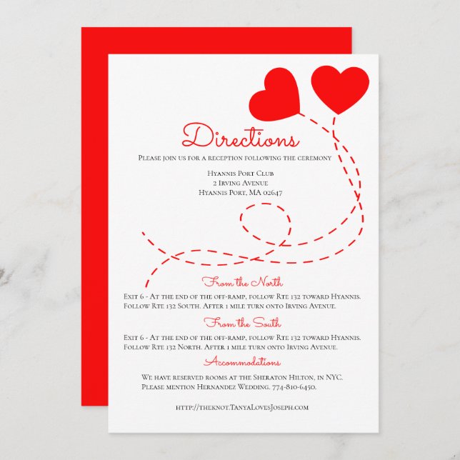 Invitación Corazones Bodas de direcciones rojas recortadas (Anverso / Reverso)
