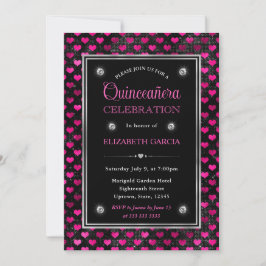 Invitación Corazones Brillantes Rosa y Negro Patrón Quinceañe