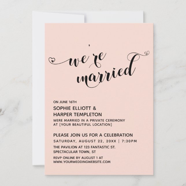 Invitación Corazones Casados Script Blush Rosa Recepción (Anverso)