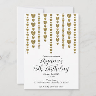 Invitación Corazones con Brillo Dorado Fiesta de Cumpleaños d