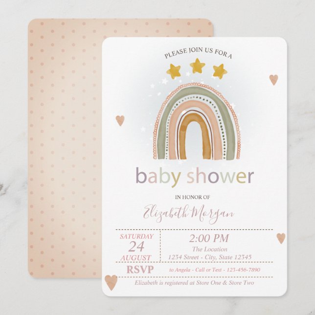 Invitación Corazones con estrellas de arcoiris, Baby Shower c (Anverso / Reverso)