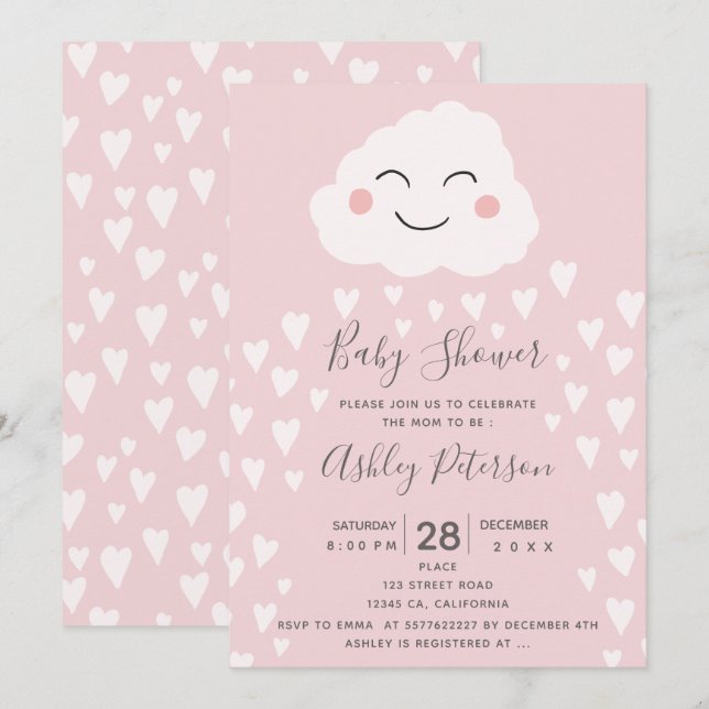 Invitación Corazones cortos nublan ilustracion rosado bebé du (Anverso / Reverso)