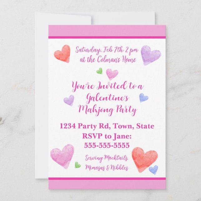 Invitación Corazones de acuarela Mahjong Fiesta de Galentine (Anverso)