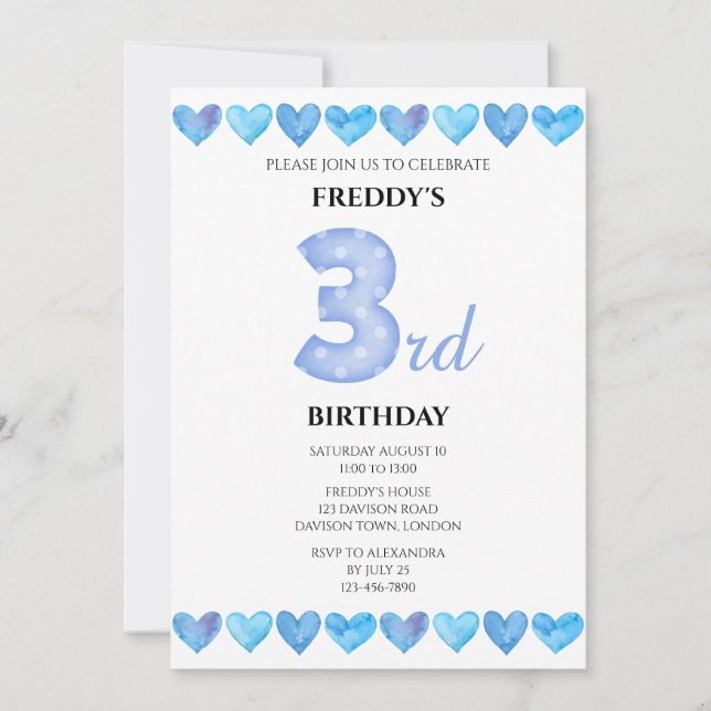 Invitación Corazones de Amor Azules Cumpleaños 3 (Anverso)