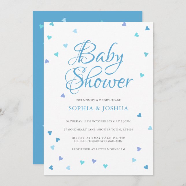 Invitación Corazones de amor azules modernas Parejas Bebé niñ (Anverso / Reverso)