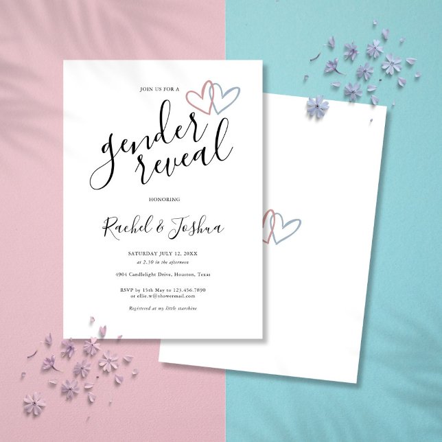 Invitación Corazones De Amor Azules Y Rosa Género Revelan Fie (Blue And Pink Love Hearts Gender Reveal Party Invitation)