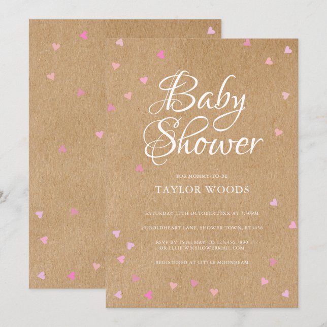 Invitación Corazones de Amor Rosados Baby Shower / Sprinkle R (Anverso / Reverso)