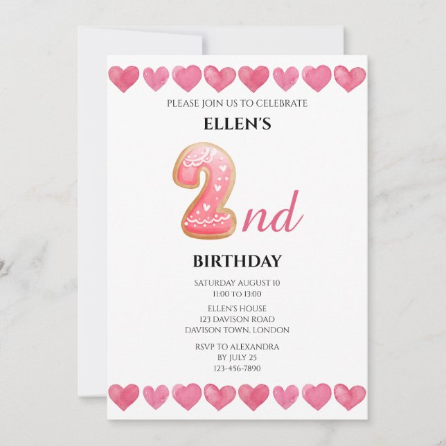 Invitación Corazones de Amor Rosados Foto de 2do Cumpleaños (Anverso)