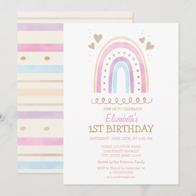 Invitación Corazones de Arcoíris de Acuarela Rayado Cumpleaño (Anverso / Reverso)