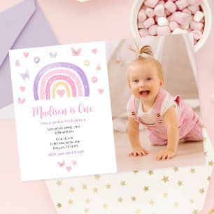 Invitación Corazones de Arcoíris Mariposas Foto Primer Cumple