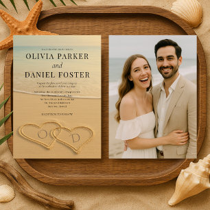 Invitación Corazones de Arena de Playa Foto Tropical Boda 