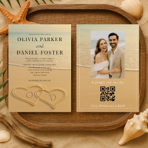 Invitación Corazones de Arena de Playa Foto Tropical Código Q