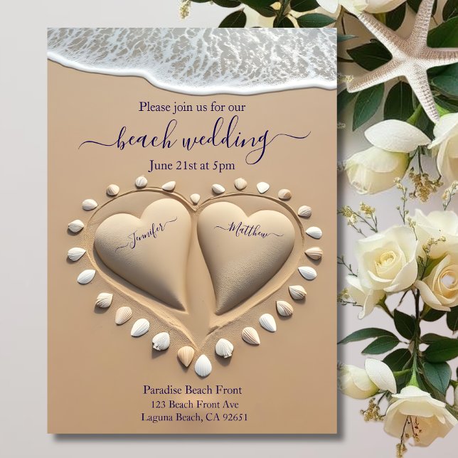 Invitación Corazones de arena y bodas de playa (Beach Wedding-Sand Hearts Invitation )