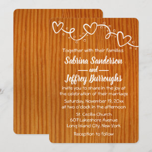 Invitación Corazones de boda marrones y blancos de madera rús
