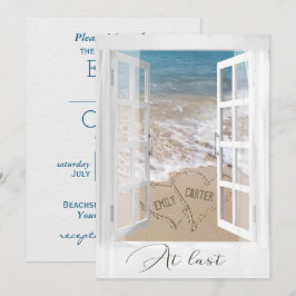Invitación Corazones de bodas de playa con nombres en la vent